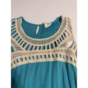 sand and spirit sleeveless teal dress with cream crochet lace yoke neckline 2x
